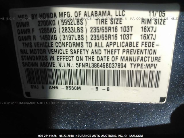 5FNRL38646B037894 - 2006 HONDA ODYSSEY EXL BLUE photo 9