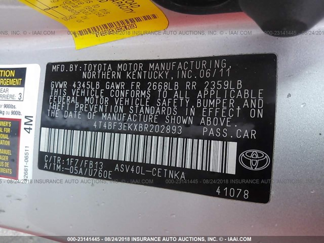 4T4BF3EKXBR202893 - 2011 TOYOTA CAMRY SE/LE/XLE ვერცხლისფერი ფოტო 9