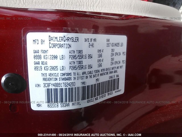 3C8FY4BB91T624293 - 2001 CHRYSLER PT CRUISER RED photo 9