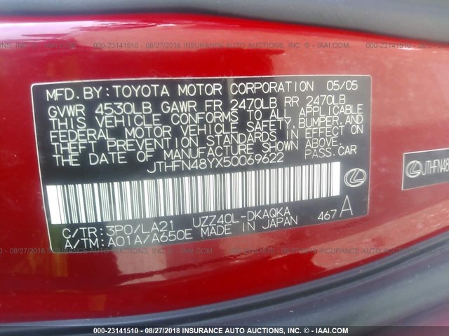 JTHFN48YX50069622 - 2005 LEXUS SC 430 RED photo 9