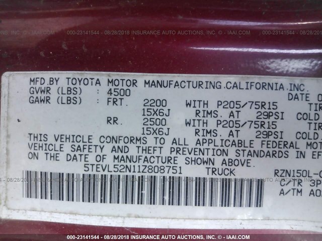 5TEVL52N11Z808751 - 2001 TOYOTA TACOMA XTRACAB MAROON photo 9