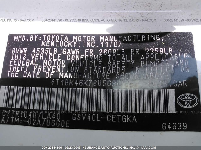 4T1BK46K78U569611 - 2008 TOYOTA CAMRY LE/XLE/SE Ақ фото 9