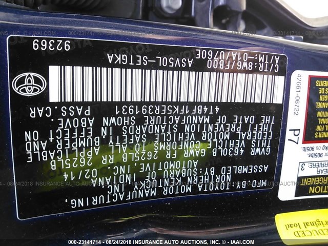 4T4BF1FK5ER391931 - 2014 TOYOTA CAMRY L/SE/LE/XLE Mavi foto 9