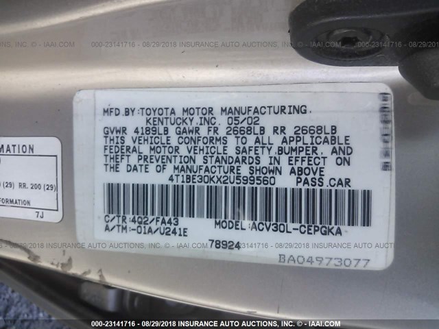 4T1BE30KX2U599560 - 2002 TOYOTA CAMRY LE/XLE/SE 米色 照片 9