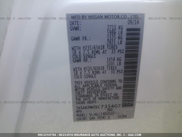 5N1AR2MN3EC735407 - 2014 NISSAN PATHFINDER S/SV/SL/PLATINUM WHITE photo 9