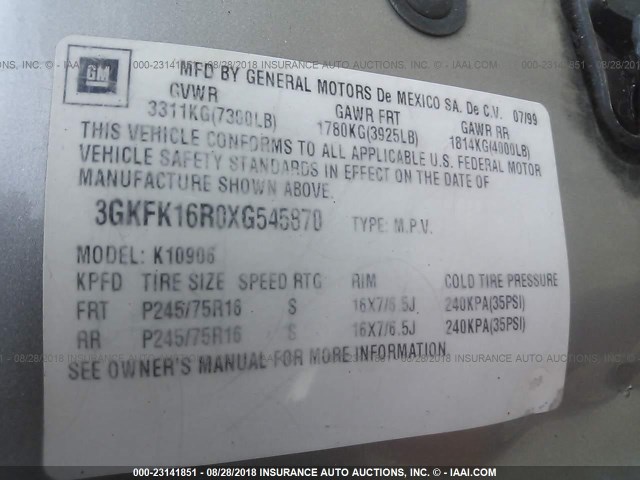 3GKFK16R0XG545870 - 1999 GMC SUBURBAN K1500 GRAY photo 9