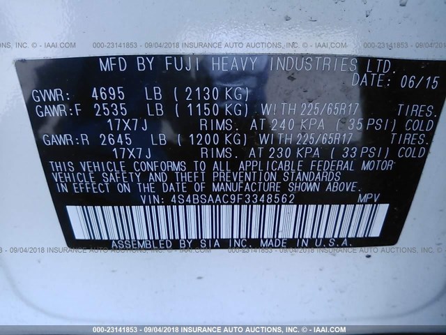 4S4BSAAC9F3348562 - 2015 SUBARU OUTBACK 2.5I WHITE photo 9