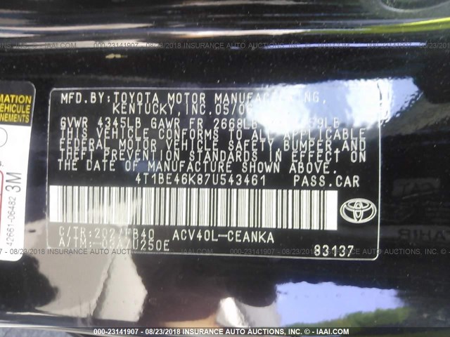 4T1BE46K87U543461 - 2007 TOYOTA CAMRY NEW GENERAT CE/LE/XLE/SE BLACK photo 9