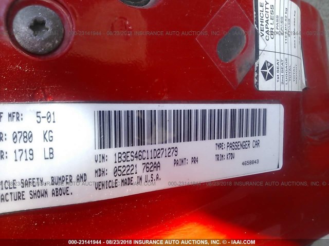 1B3ES46C11D271279 - 2001 DODGE NEON SE/ES RED photo 9