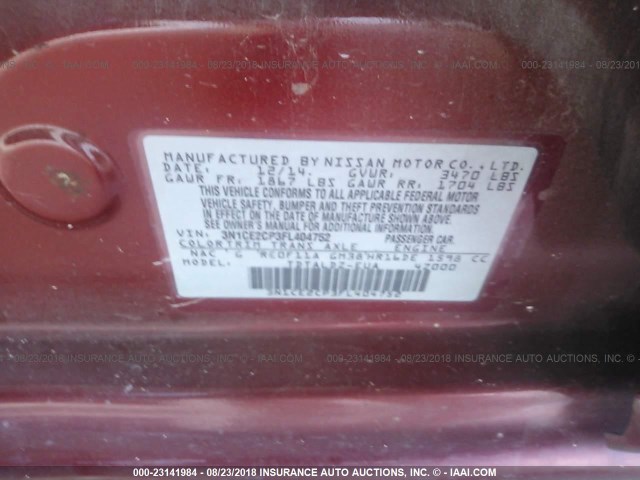 3N1CE2CP3FL404752 - 2015 NISSAN VERSA NOTE S/S PLUS/SV/SL/SR RED photo 9
