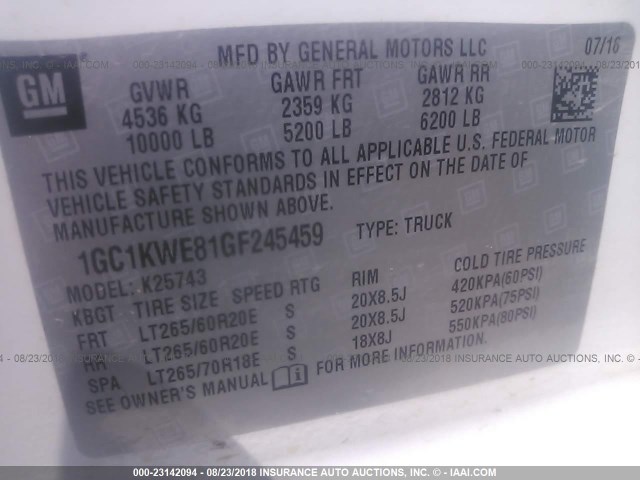 1GC1KWE81GF245459 - 2016 CHEVROLET SILVERADO K2500 HEAVY DUTY LTZ WHITE photo 9