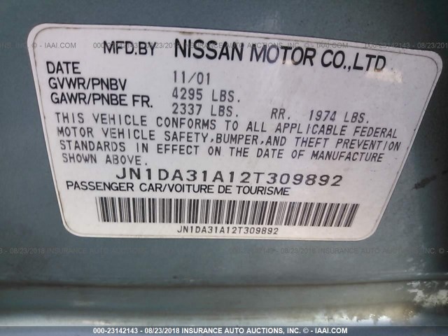 JN1DA31A12T309892 - 2002 NISSAN MAXIMA GLE/SE BLUE photo 9