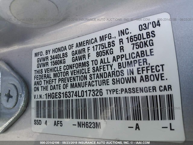 1HGES16374L017326 - 2004 HONDA CIVIC DX VP SILVER photo 9