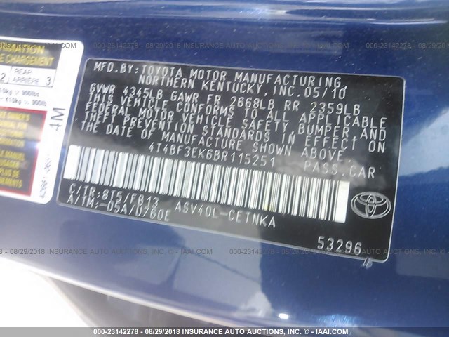 4T4BF3EK6BR115251 - 2011 TOYOTA CAMRY SE/LE/XLE 蓝色 照片 9