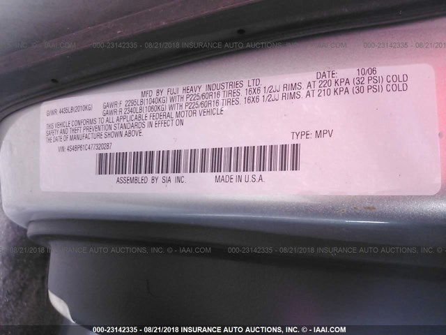 4S4BP61C477320287 - 2007 SUBARU LEGACY SILVER photo 9