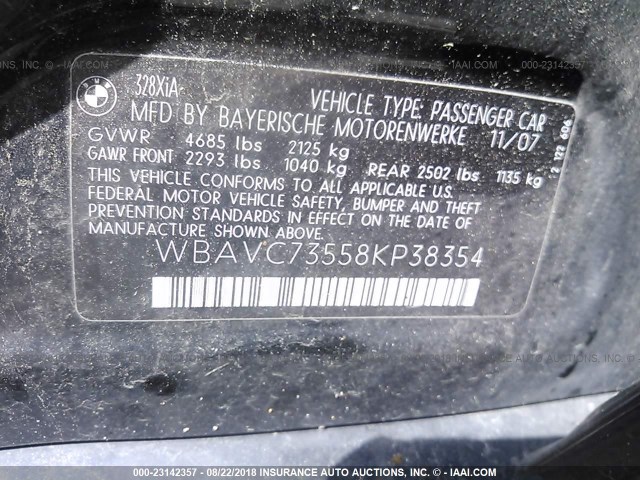 WBAVC73558KP38354 - 2008 BMW 328 XI SULEV BLACK photo 9