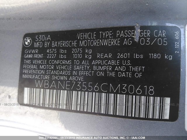 WBANE73556CM30618 - 2006 BMW 530 I SILVER photo 9