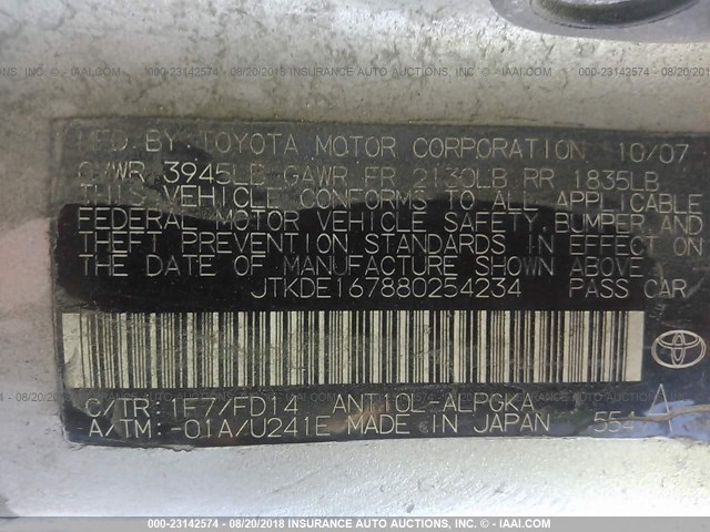 JTKDE167880254234 - 2008 TOYOTA SCION TC 银色 照片 9