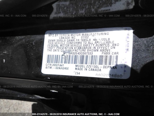 2T1BR32E43C067333 - 2003 TOYOTA COROLLA CE/LE/S BLACK photo 9