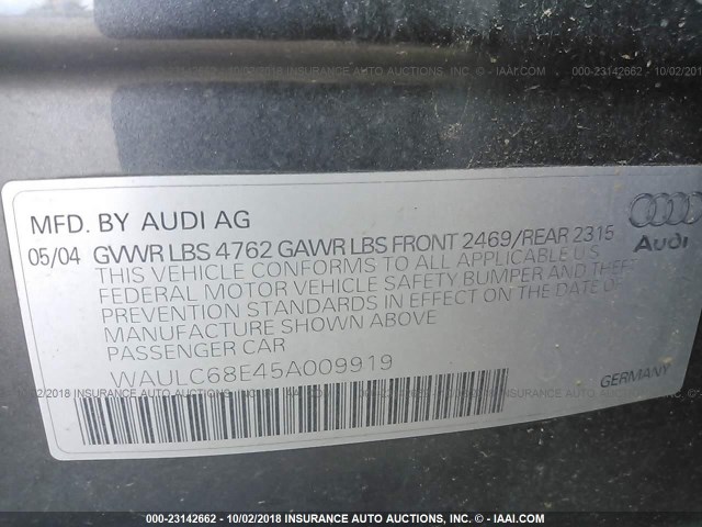 WAULC68E45A009919 - 2005 AUDI A4 1.8T QUATTRO/SPECIAL GRAY photo 9