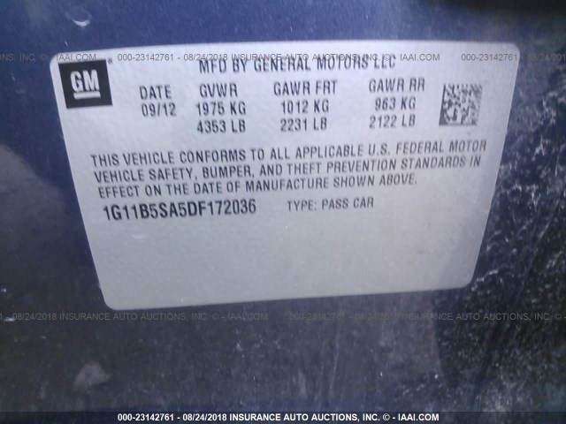 1G11B5SA5DF172036 - 2013 CHEVROLET MALIBU LS Mavi foto 9