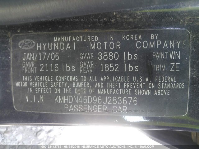 KMHDN46D96U283676 - 2006 HYUNDAI ELANTRA GLS/GT/LIMITED BLUE photo 9