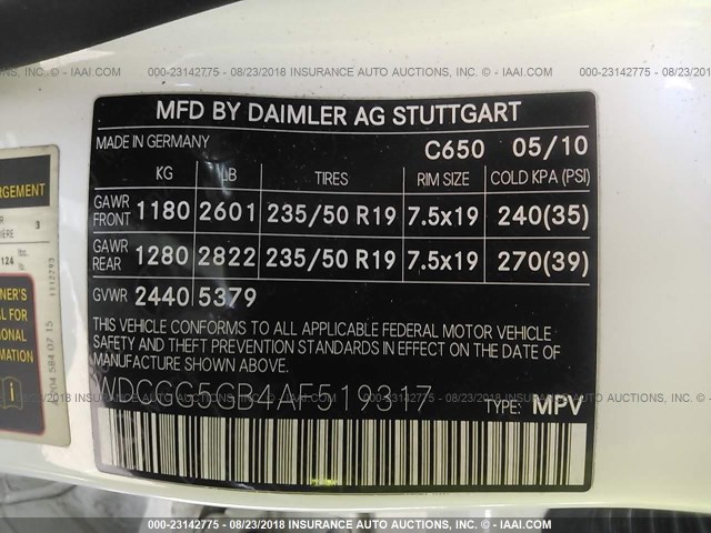 WDCGG5GB4AF519317 - 2010 MERCEDES-BENZ GLK 350 WHITE photo 9