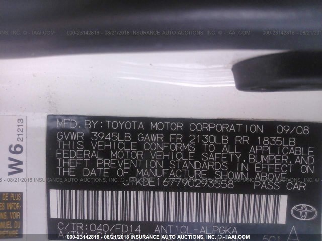 JTKDE167790293558 - 2009 TOYOTA SCION TC 白色 照片 9