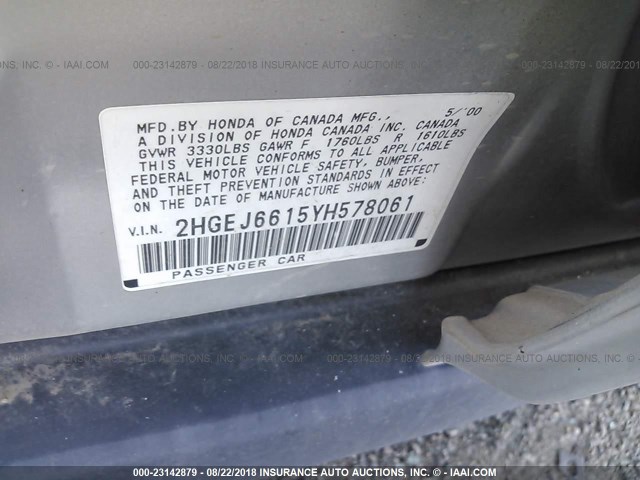 2HGEJ6615YH578061 - 2000 HONDA CIVIC SE SILVER photo 9