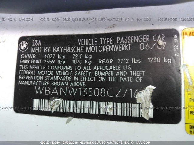WBANW13508CZ71637 - 2008 BMW 535 I WHITE photo 9
