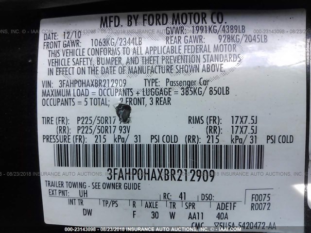 3FAHP0HAXBR212909 - 2011 FORD FUSION SE BLACK photo 9