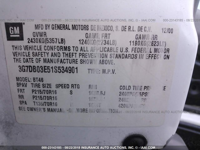 3G7DB03E51S534901 - 2001 PONTIAC AZTEK WHITE photo 9