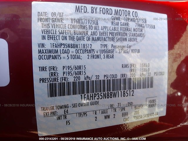 1FAHP35N88W118512 - 2008 FORD FOCUS SE/SEL/SES RED photo 9