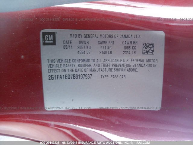 2G1FA1ED7B9197937 - 2011 CHEVROLET CAMARO LS RED photo 9