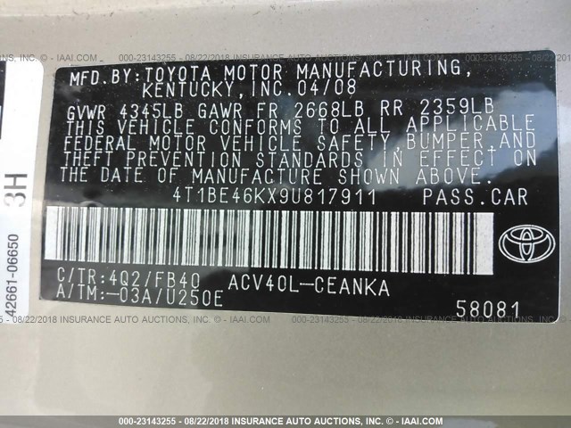 4T1BE46KX9U817911 - 2009 TOYOTA CAMRY SE/LE/XLE ბეჟი ფოტო 9