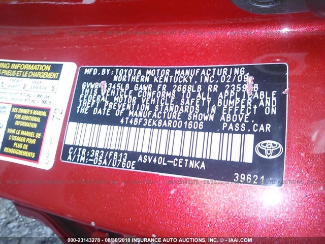 4T4BF3EK8AR001606 - 2010 TOYOTA CAMRY SE/LE/XLE 红色 照片 9