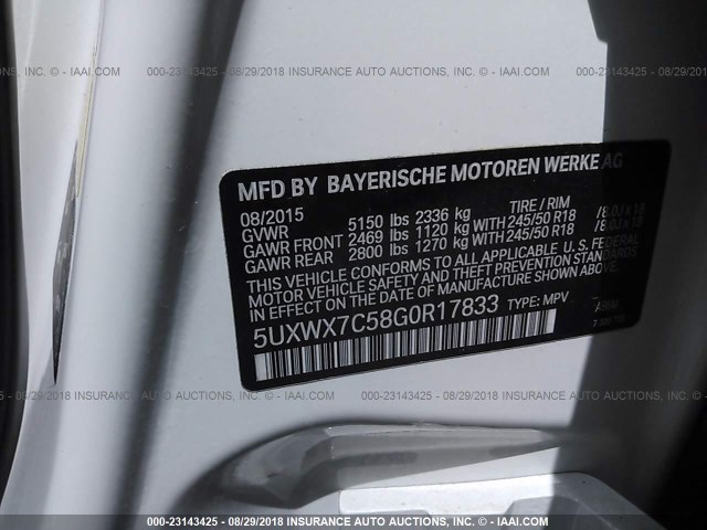 5UXWX7C58G0R17833 - 2016 BMW X3 XDRIVE35I WHITE photo 9