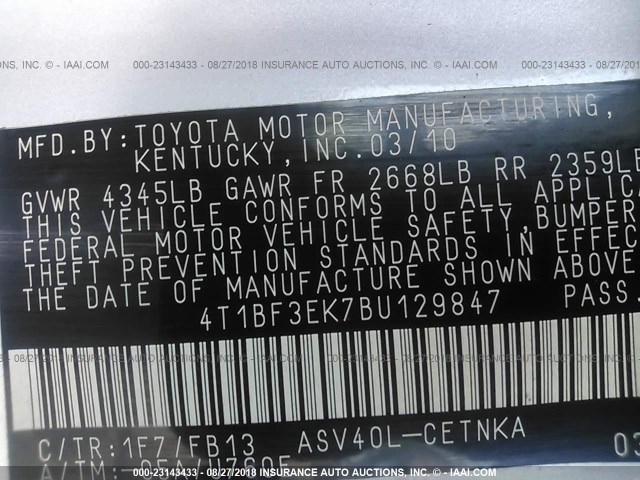 4T1BF3EK7BU129847 - 2011 TOYOTA CAMRY SE/LE/XLE ვერცხლისფერი ფოტო 9