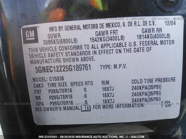 3GNEC12Z25G189761 - 2005 CHEVROLET AVALANCHE C1500 BLACK photo 9