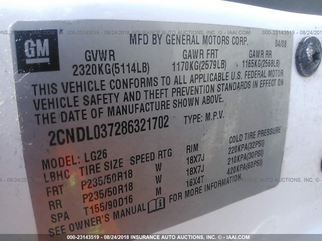 2CNDL037286321702 - 2008 CHEVROLET EQUINOX SPORT WHITE photo 9