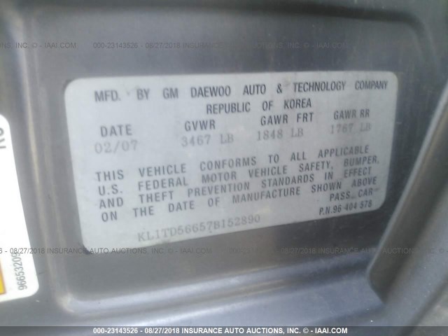 KL1TD56657B152890 - 2007 CHEVROLET AVEO LS GRAY photo 9