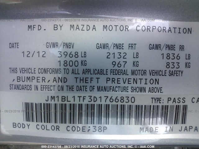 JM1BL1TF3D1766830 - 2013 MAZDA 3 I GRAY photo 9