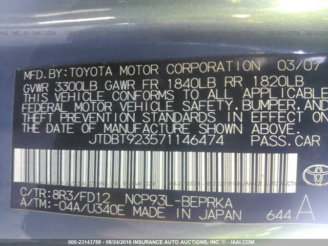 JTDBT923571146474 - 2007 TOYOTA YARIS BLUE photo 9