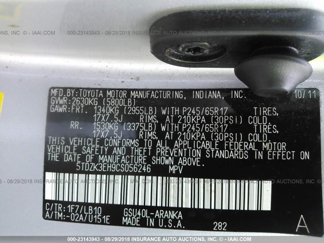 5TDZK3EH9CS056246 - 2012 TOYOTA HIGHLANDER SE GRAY photo 9