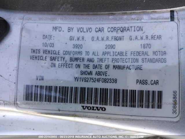 YV1VS27524F082338 - 2004 VOLVO S40 1.9T SILVER photo 9