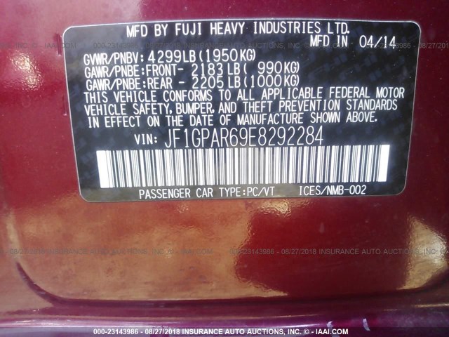 JF1GPAR69E8292284 - 2014 SUBARU IMPREZA SPORT LIMITED BURGUNDY photo 9