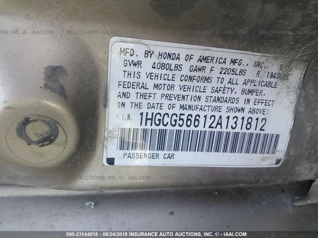 1HGCG56612A131812 - 2002 HONDA ACCORD EX GOLD photo 9