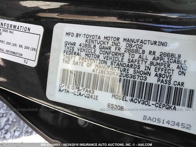 4T1BE32KX2U636703 - 2002 TOYOTA CAMRY LE/XLE/SE Qara foto 9
