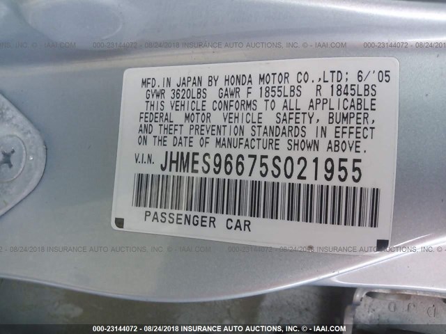 JHMES96675S021955 - 2005 HONDA CIVIC HYBRID Light Blue photo 9