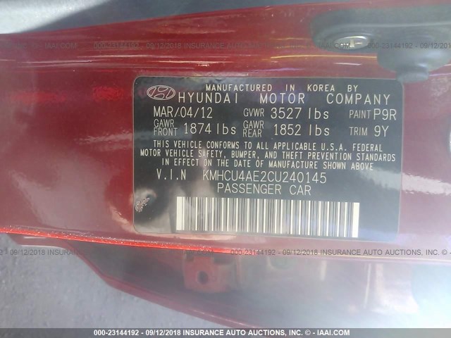 KMHCU4AE2CU240145 - 2012 HYUNDAI ACCENT GLS/GS/SE RED photo 9